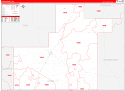 Atoka County, OK Wall Map Zip Code Red Line Style 2024