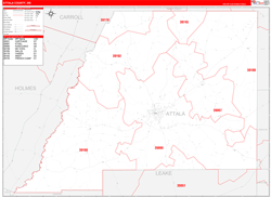 Attala County, MS Wall Map Zip Code Red Line Style 2024