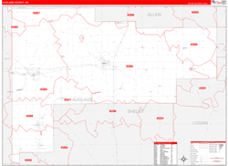 Auglaize County, OH Wall Map Zip Code Red Line Style 2024