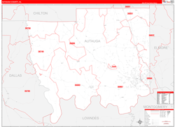 Autauga County, AL Wall Map Zip Code Red Line Style 2024