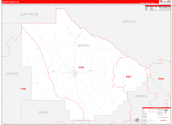 Bacon County, GA Wall Map Zip Code Red Line Style 2024