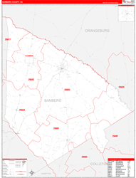 Bamberg County, SC Wall Map Zip Code Red Line Style 2024