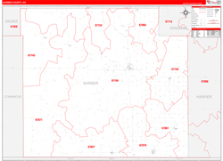 Barber County, KS Wall Map Zip Code Red Line Style 2024