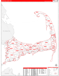 Barnstable County, MA Wall Map Zip Code Red Line Style 2024