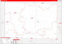 Barton County, MO Wall Map Zip Code Red Line Style 2024