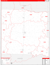 Bates County, MO Wall Map Zip Code Red Line Style 2024