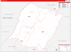 Bath County, VA Wall Map Zip Code Red Line Style 2024
