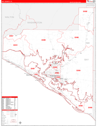 Bay County, FL Wall Map Zip Code Red Line Style 2023
