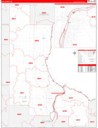 Bay County, MI Wall Map Zip Code Red Line Style 2024