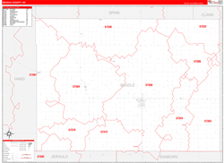 Beadle County, SD Wall Map Zip Code Red Line Style 2024