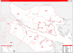 Beaufort County, NC Wall Map Zip Code Red Line Style 2024