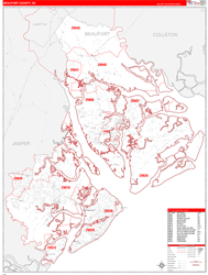 Beaufort County, SC Wall Map Zip Code Red Line Style 2024