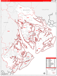 Beaufort County, SC Wall Map Zip Code Red Line Style 2026