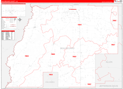 BeauregardParish (County), LA Wall Map Zip Code Red Line Style 2023