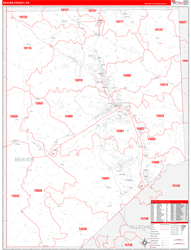 Beaver County, PA Wall Map Zip Code Red Line Style 2024