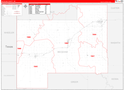 Beckham County, OK Wall Map Zip Code Red Line Style 2024