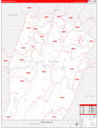 Bedford County, PA Wall Map Zip Code Red Line Style 2024