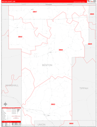 Benton County, MS Wall Map Zip Code Red Line Style 2024
