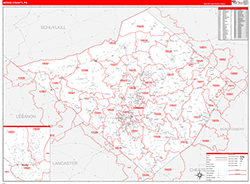Berks County, PA Wall Map Zip Code Red Line Style 2026