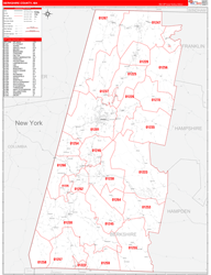 Berkshire County, MA Wall Map Zip Code Red Line Style 2024