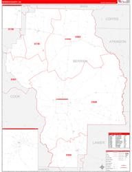 Berrien County, GA Wall Map Zip Code Red Line Style 2024
