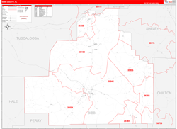 Bibb County, AL Wall Map Zip Code Red Line Style 2024