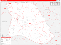Bladen County, NC Wall Map Zip Code Red Line Style 2024