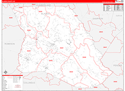 Bladen County, NC Wall Map Zip Code Red Line Style 2026