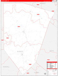 Blanco County, TX Wall Map Zip Code Red Line Style 2024