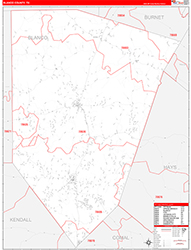 Blanco County, TX Wall Map Zip Code Red Line Style 2026