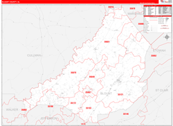 Blount County, AL Wall Map Zip Code Red Line Style 2024