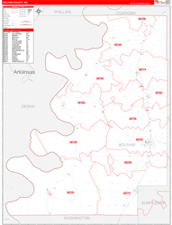 Bolivar County, MS Wall Map Zip Code Red Line Style 2024
