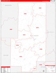 Bollinger County, MO Wall Map Zip Code Red Line Style 2024