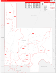 Bonner County, ID Wall Map Zip Code Red Line Style 2024