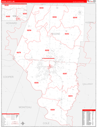 Boone County, MO Wall Map Zip Code Red Line Style 2024
