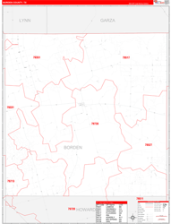 Borden County, TX Wall Map Zip Code Red Line Style 2024