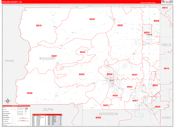 Boulder County, CO Wall Map Zip Code Red Line Style 2024