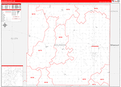 Bourbon County, KS Wall Map Zip Code Red Line Style 2026