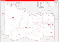 Bowie County, TX Wall Map Zip Code Red Line Style 2023