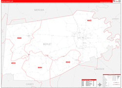 Boyle County, KY Wall Map Zip Code Red Line Style 2024