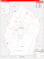 Bradley County, TN Wall Map Zip Code Red Line Style 2024