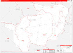 Brantley County, GA Wall Map Zip Code Red Line Style 2024