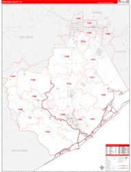Brazoria County, TX Wall Map Zip Code Red Line Style 2024