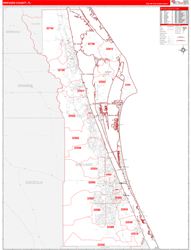 Brevard County, FL Wall Map Zip Code Red Line Style 2023