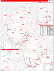 Bristol County, MA Wall Map Zip Code Red Line Style 2024