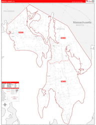 Bristol County, RI Wall Map Zip Code Red Line Style 2024