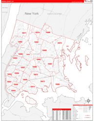 Bronx County, NY Wall Map Zip Code Red Line Style 2024