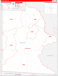 Brooks County, GA Wall Map Zip Code Red Line Style 2024