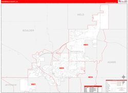 Broomfield County, CO Wall Map Zip Code Red Line Style 2024