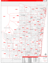 Broward County, FL Wall Map Zip Code Red Line Style 2023